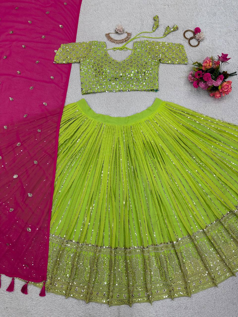 Parrot Green Designer Fox Georgette Lehenga Set with Heavy Sequence Work & Latkan Dupatta Clothsvilla