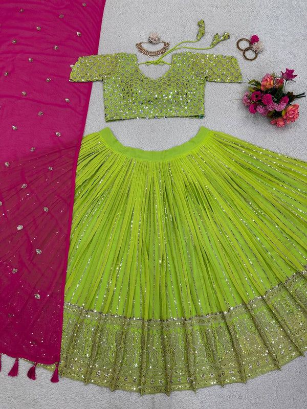 Parrot Green Designer Fox Georgette Lehenga Set with Heavy Sequence Work & Latkan Dupatta Clothsvilla