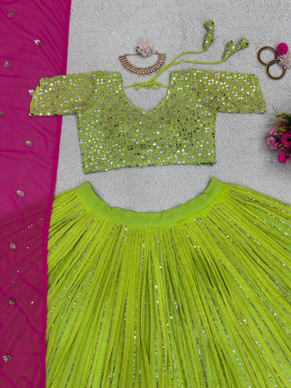 Parrot Green Designer Fox Georgette Lehenga Set with Heavy Sequence Work & Latkan Dupatta Clothsvilla