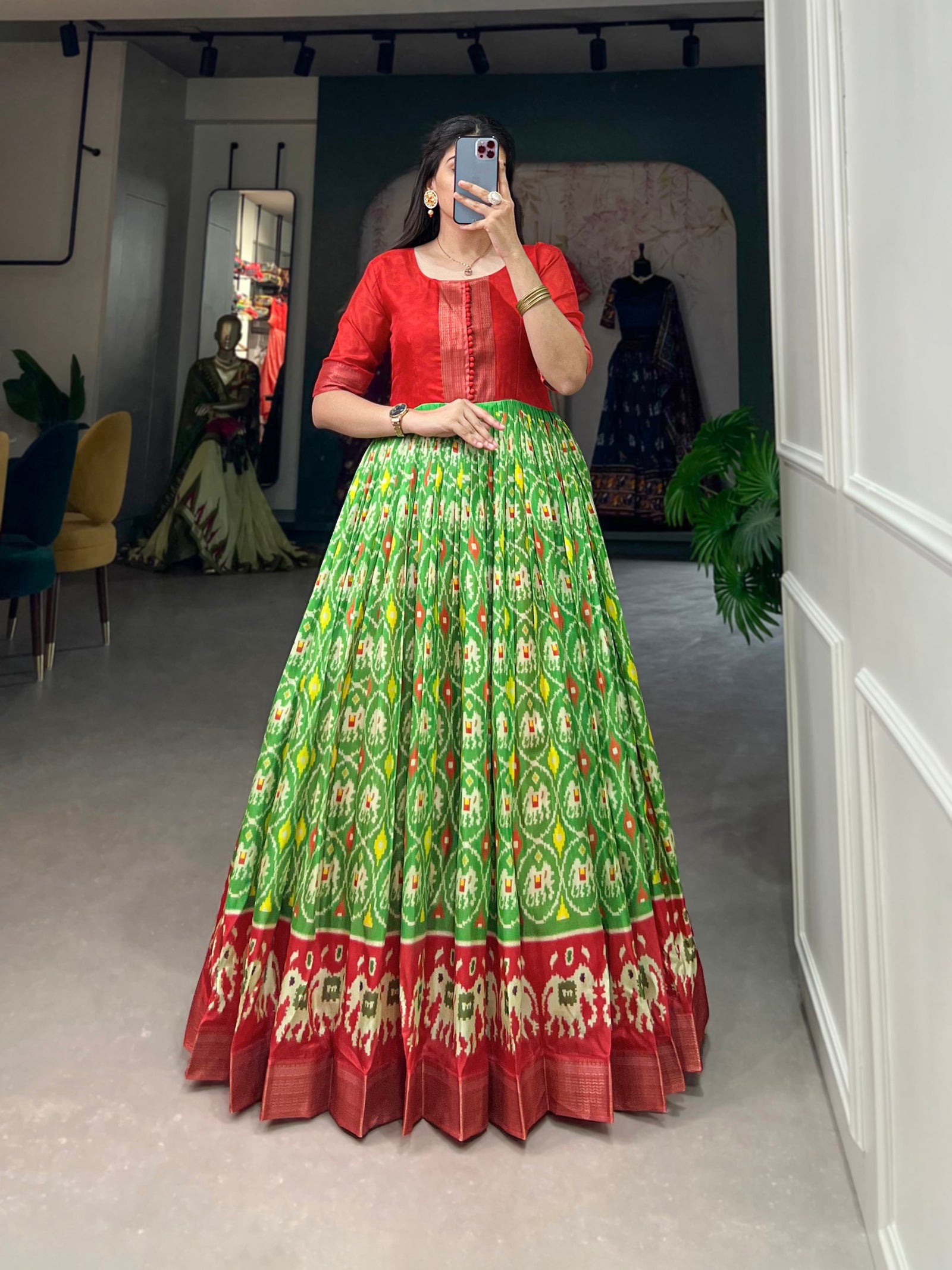 Parrot Green Dola Silk Printed Gown - Embrace Elegance and Comfort ClothsVilla