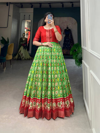 Parrot Green Dola Silk Printed Gown - Embrace Elegance and Comfort ClothsVilla