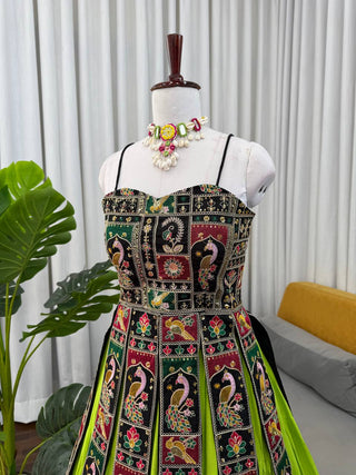 Parrot Green Elegant Bangalore Fabric Top with Thread & Sequin Work and Faux Georgette Lehenga Set ClothsVilla