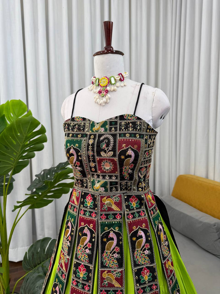 Parrot Green Elegant Bangalore Fabric Top with Thread & Sequin Work and Faux Georgette Lehenga Set ClothsVilla