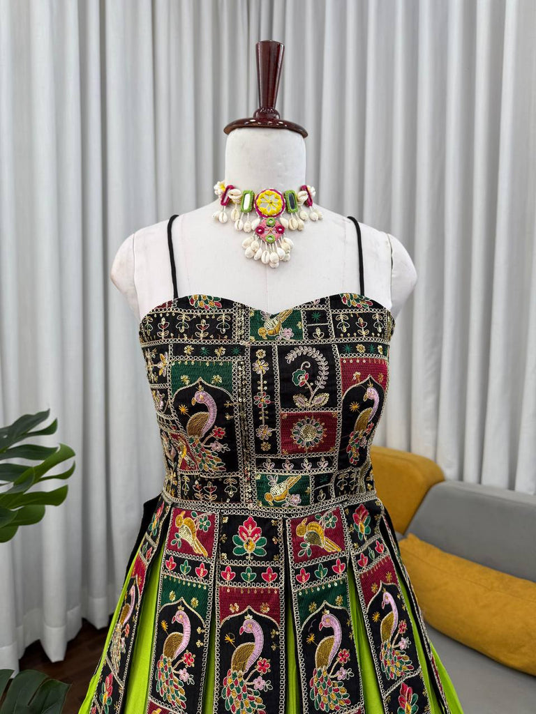 Parrot Green Elegant Bangalore Fabric Top with Thread & Sequin Work and Faux Georgette Lehenga Set ClothsVilla