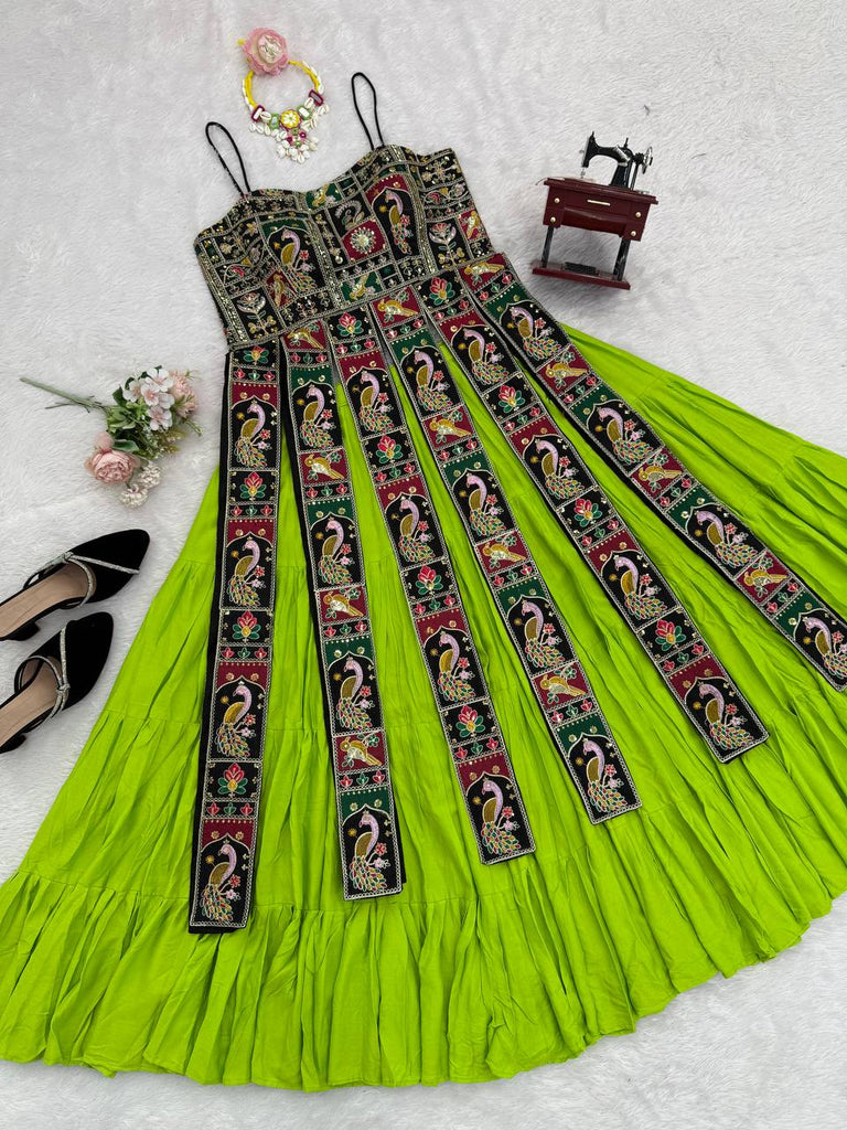 Parrot Green Elegant Bangalore Fabric Top with Thread & Sequin Work and Faux Georgette Lehenga Set ClothsVilla