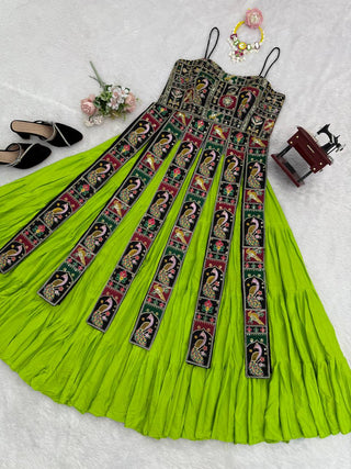 Parrot Green Elegant Bangalore Fabric Top with Thread & Sequin Work and Faux Georgette Lehenga Set ClothsVilla