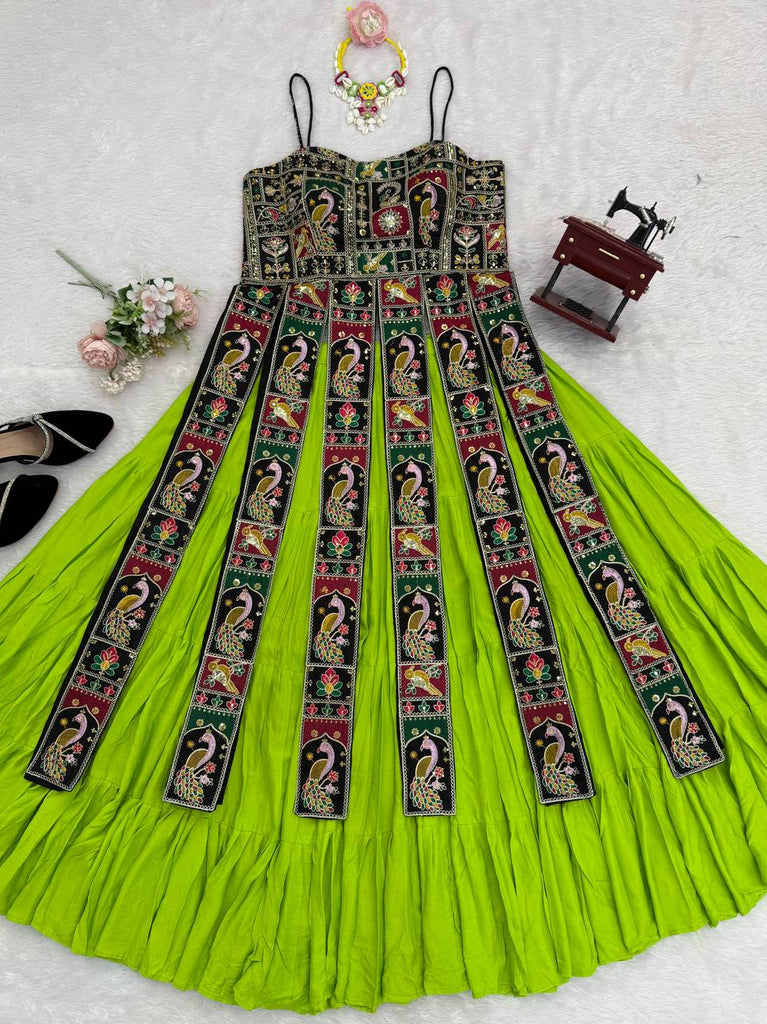 Parrot Green Elegant Bangalore Fabric Top with Thread & Sequin Work and Faux Georgette Lehenga Set ClothsVilla