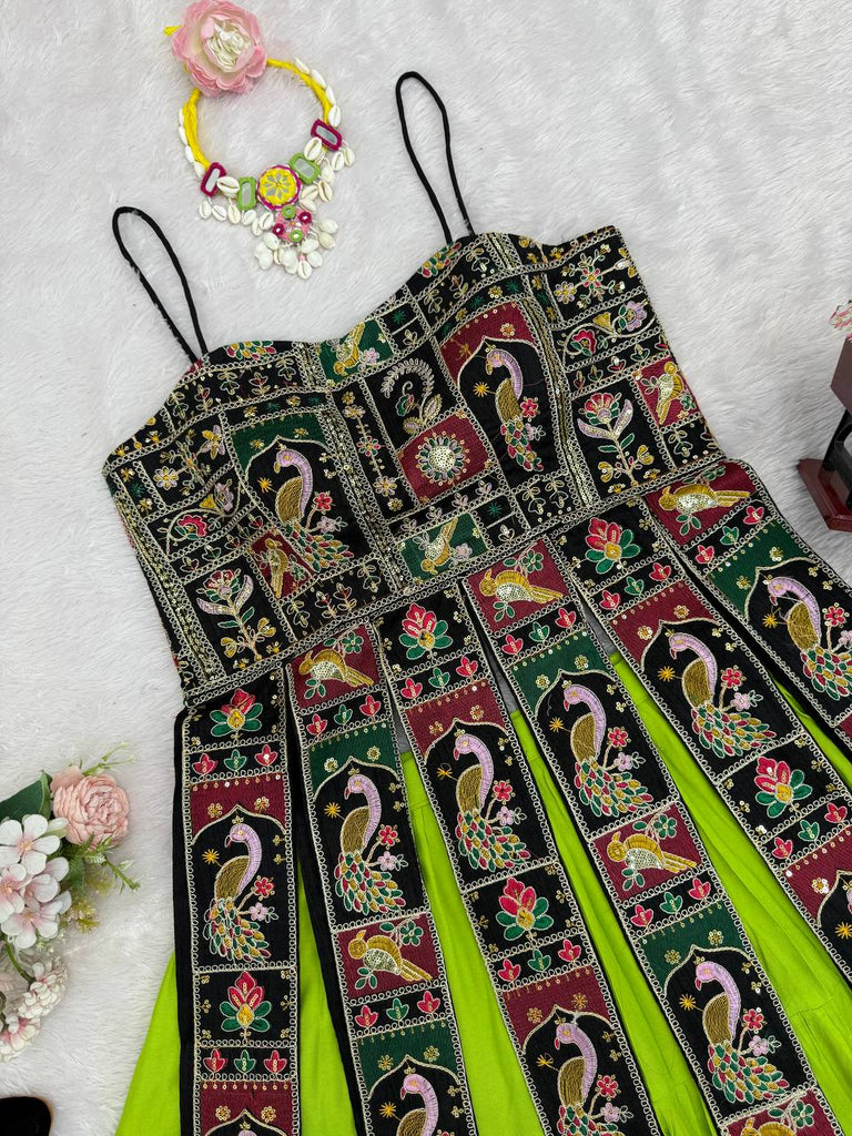 Parrot Green Elegant Bangalore Fabric Top with Thread & Sequin Work and Faux Georgette Lehenga Set ClothsVilla