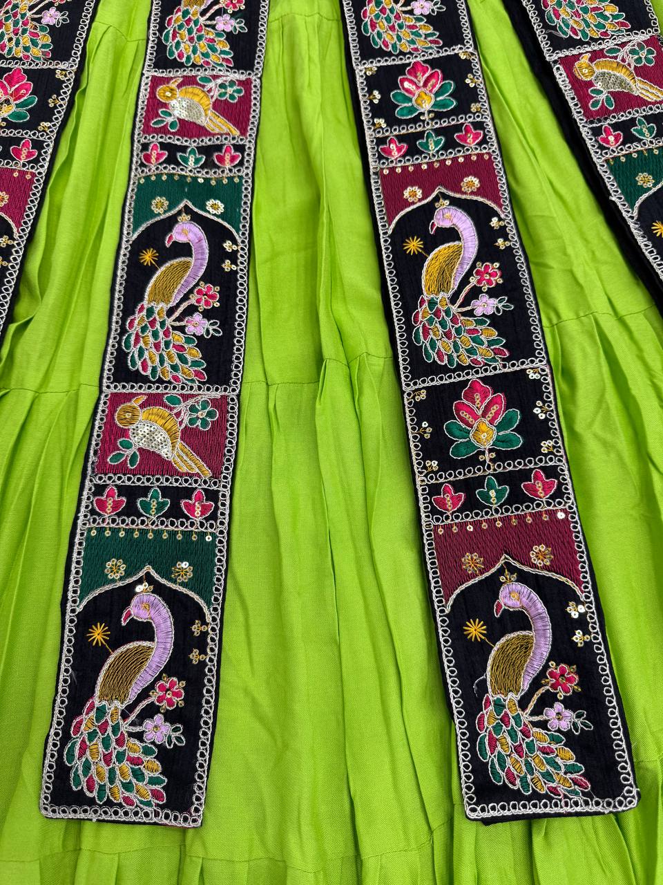 Parrot Green Elegant Bangalore Fabric Top with Thread & Sequin Work and Faux Georgette Lehenga Set ClothsVilla