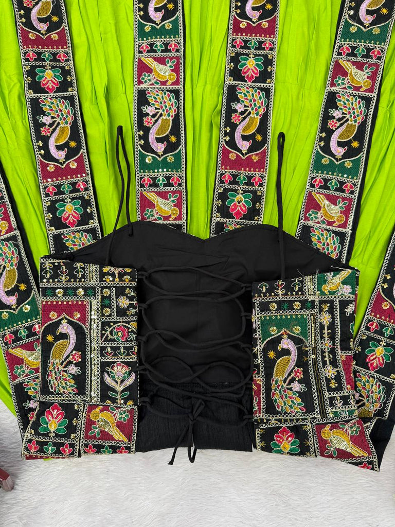 Parrot Green Elegant Bangalore Fabric Top with Thread & Sequin Work and Faux Georgette Lehenga Set ClothsVilla