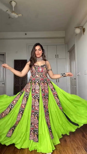 Parrot Green Elegant Bangalore Fabric Top with Thread & Sequin Work and Faux Georgette Lehenga Set ClothsVilla