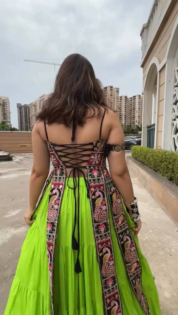 Parrot Green Elegant Bangalore Fabric Top with Thread & Sequin Work and Faux Georgette Lehenga Set ClothsVilla