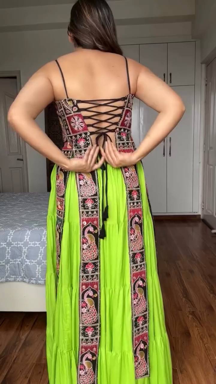 Parrot Green Elegant Bangalore Fabric Top with Thread & Sequin Work and Faux Georgette Lehenga Set ClothsVilla