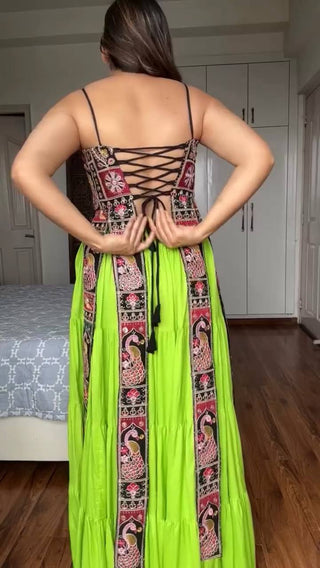 Parrot Green Elegant Bangalore Fabric Top with Thread & Sequin Work and Faux Georgette Lehenga Set ClothsVilla