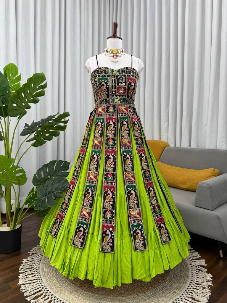 Parrot Green Elegant Bangalore Fabric Top with Thread & Sequin Work and Faux Georgette Lehenga Set ClothsVilla