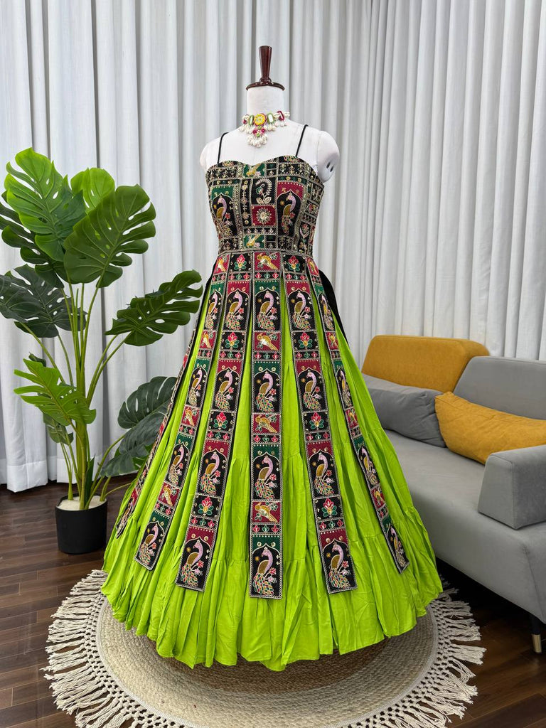 Parrot Green Elegant Bangalore Fabric Top with Thread & Sequin Work and Faux Georgette Lehenga Set ClothsVilla