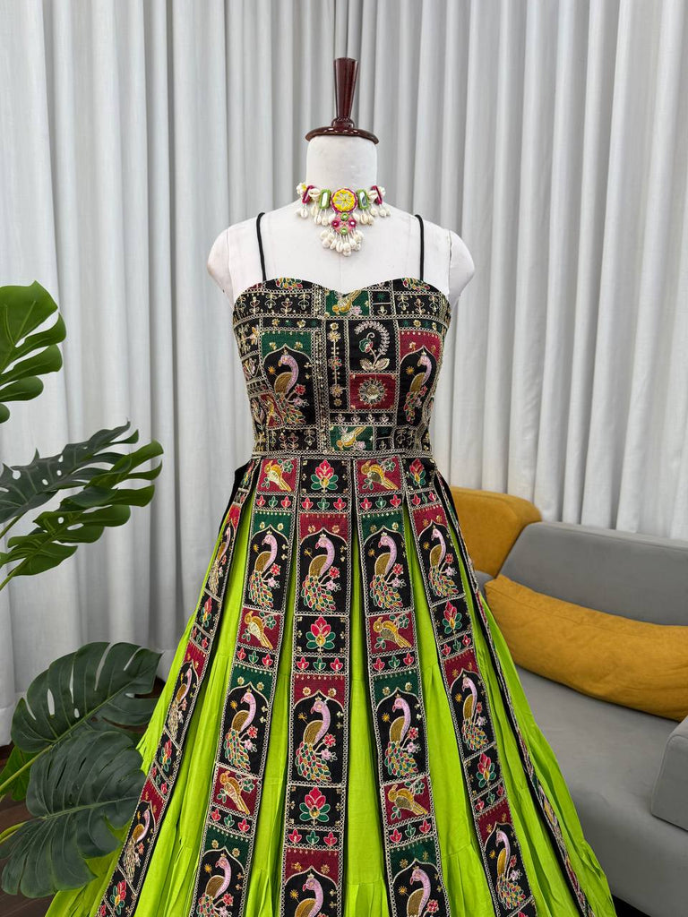 Parrot Green Elegant Bangalore Fabric Top with Thread & Sequin Work and Faux Georgette Lehenga Set ClothsVilla
