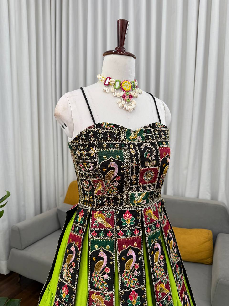 Parrot Green Elegant Bangalore Fabric Top with Thread & Sequin Work and Faux Georgette Lehenga Set ClothsVilla