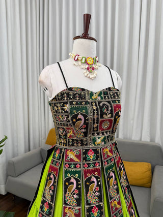 Parrot Green Elegant Bangalore Fabric Top with Thread & Sequin Work and Faux Georgette Lehenga Set ClothsVilla