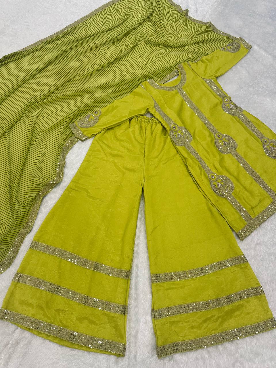 Parrot Green Elegant Chinon Silk Palazzo Set with Sequin & Zari Embroidery and Digital Print Dupatta Secondary image