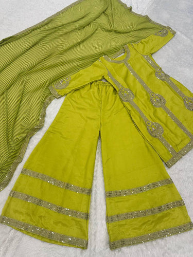 Parrot Green Elegant Chinon Silk Palazzo Set with Sequin & Zari Embroidery and Digital Print Dupatta ClothsVilla