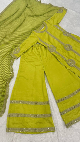 Parrot Green Elegant Chinon Silk Palazzo Set with Sequin & Zari Embroidery and Digital Print Dupatta ClothsVilla