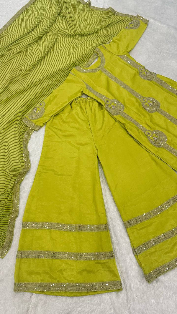 Parrot Green Elegant Chinon Silk Palazzo Set with Sequin & Zari Embroidery and Digital Print Dupatta ClothsVilla