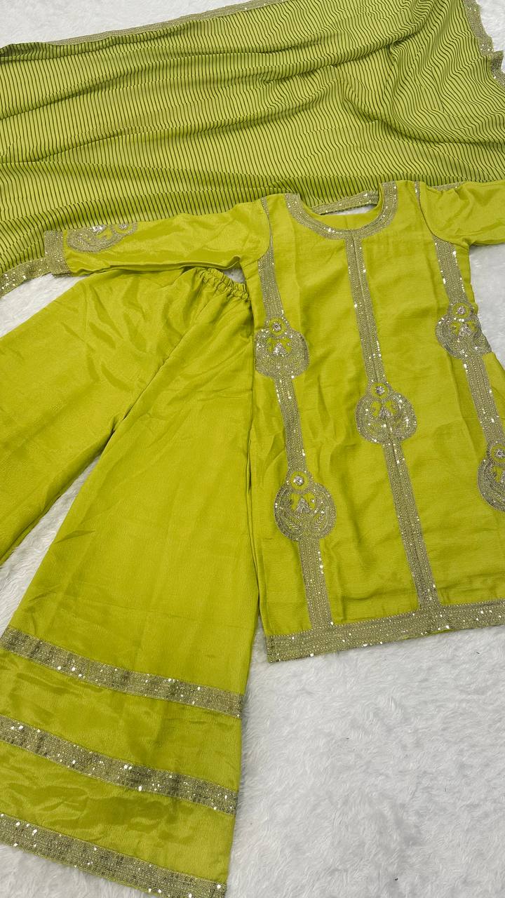 Parrot Green Elegant Chinon Silk Palazzo Set with Sequin & Zari Embroidery and Digital Print Dupatta ClothsVilla
