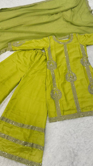 Parrot Green Elegant Chinon Silk Palazzo Set with Sequin & Zari Embroidery and Digital Print Dupatta ClothsVilla