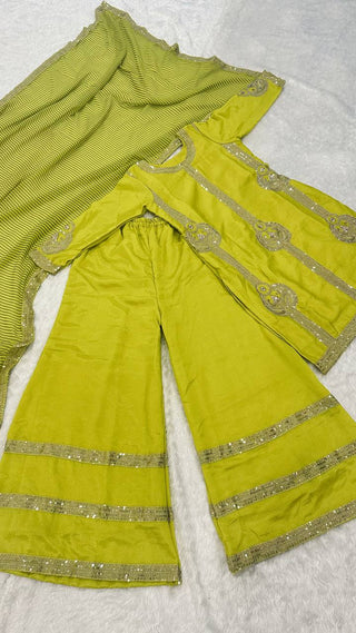 Parrot Green Elegant Chinon Silk Palazzo Set with Sequin & Zari Embroidery and Digital Print Dupatta ClothsVilla