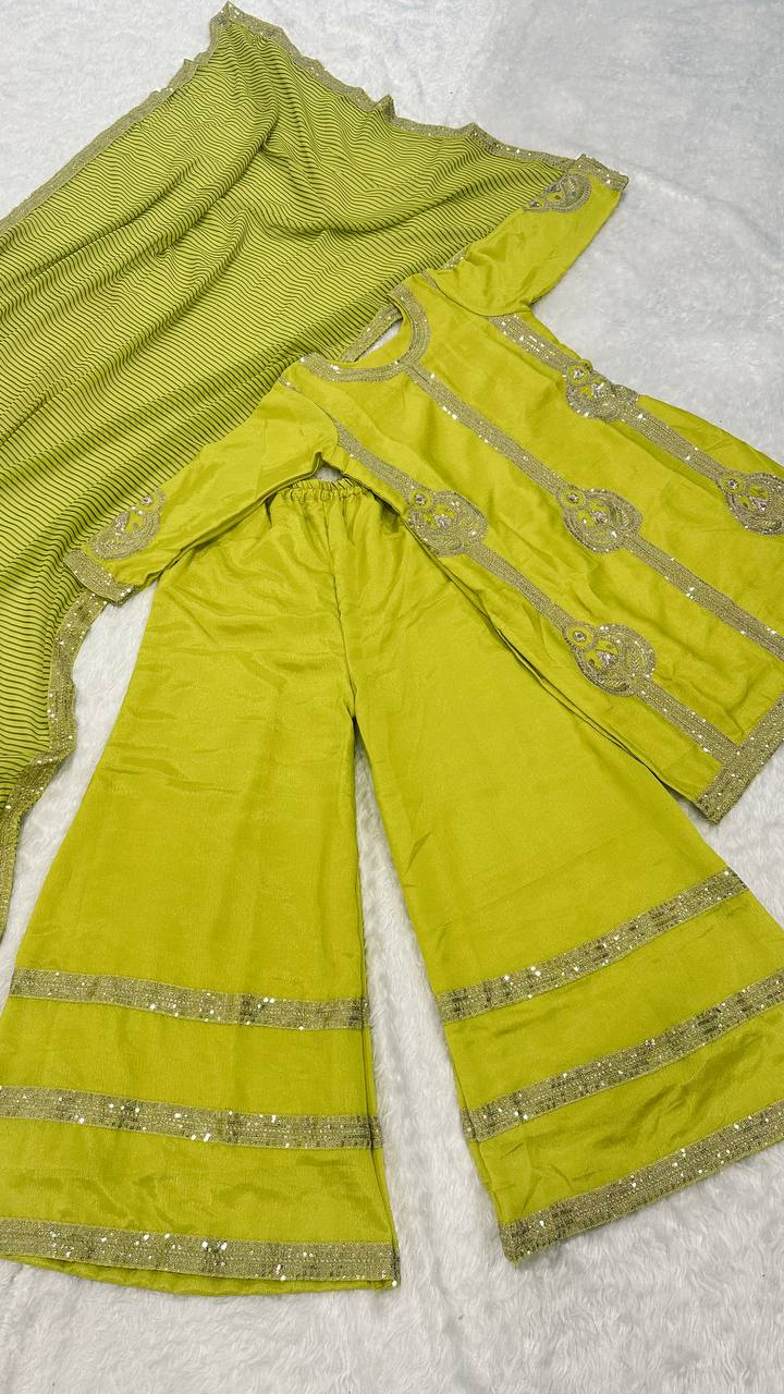 Parrot Green Elegant Chinon Silk Palazzo Set with Sequin & Zari Embroidery and Digital Print Dupatta ClothsVilla