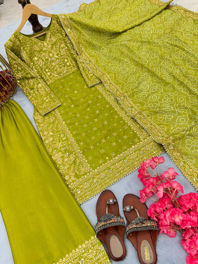 Parrot Green Elegant Designer Chinon Silk Top, Palazzo & Printed Dupatta Set ClothsVilla