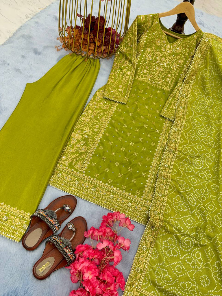 Parrot Green Elegant Designer Chinon Silk Top, Palazzo & Printed Dupatta Set ClothsVilla