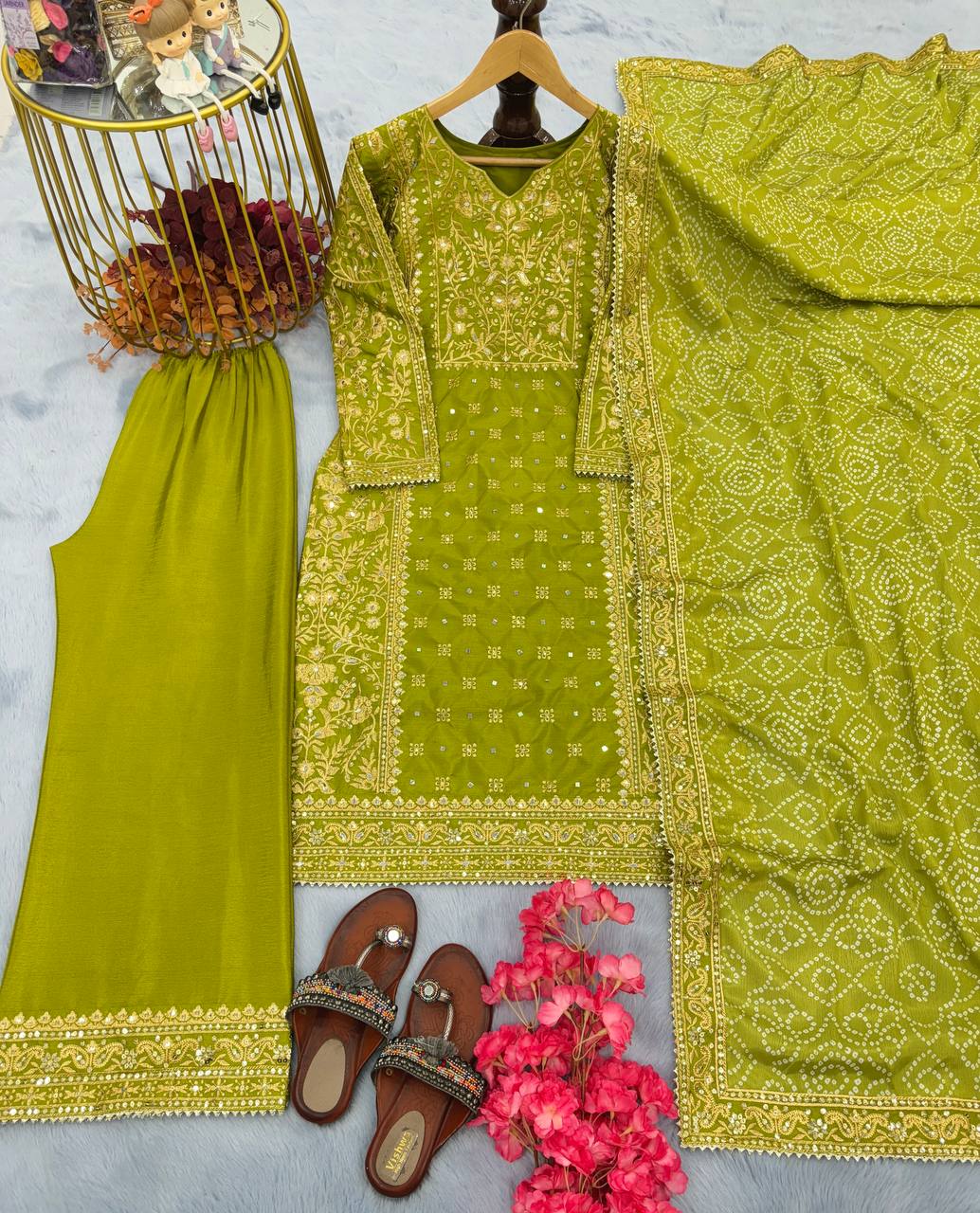 Parrot Green Elegant Designer Chinon Silk Top, Palazzo & Printed Dupatta Set ClothsVilla Main image