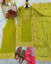 Load image into Gallery viewer, Parrot Green Elegant Designer Chinon Silk Top, Palazzo &amp; Printed Dupatta Set ClothsVilla