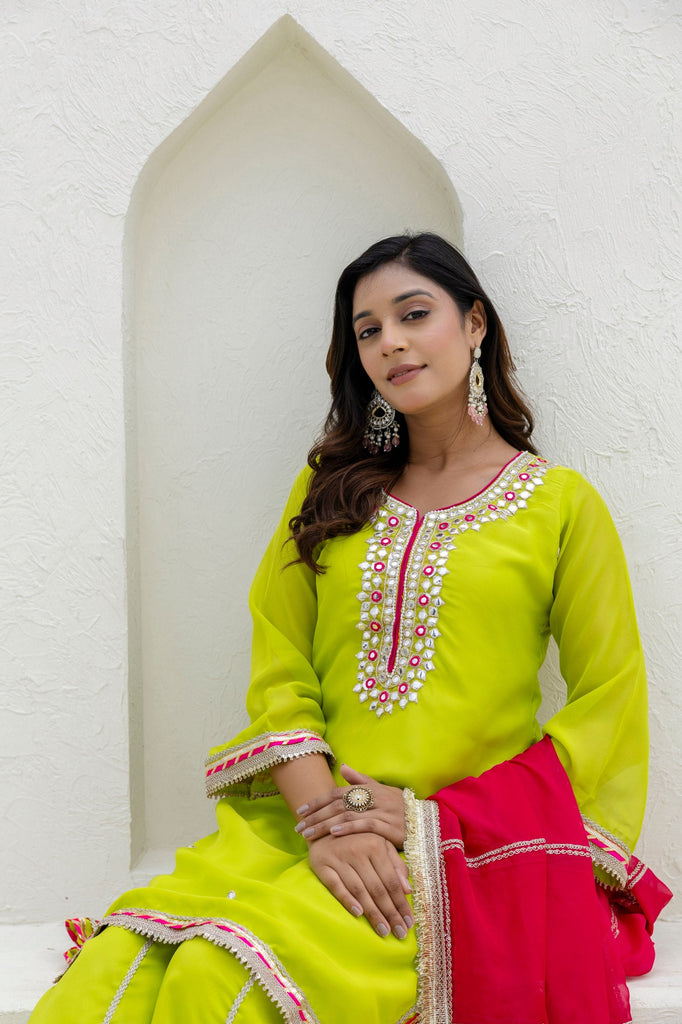 Parrot Green Elegant Organza 3-Piece Suit Set with Foil Embroidery, Pearl & Sequins Lace Work – Fully Stitched Ready to Wear ClothsVilla