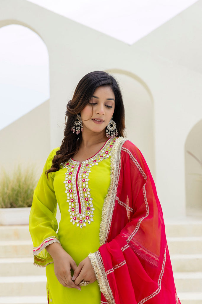 Parrot Green Elegant Organza 3-Piece Suit Set with Foil Embroidery, Pearl & Sequins Lace Work – Fully Stitched Ready to Wear ClothsVilla