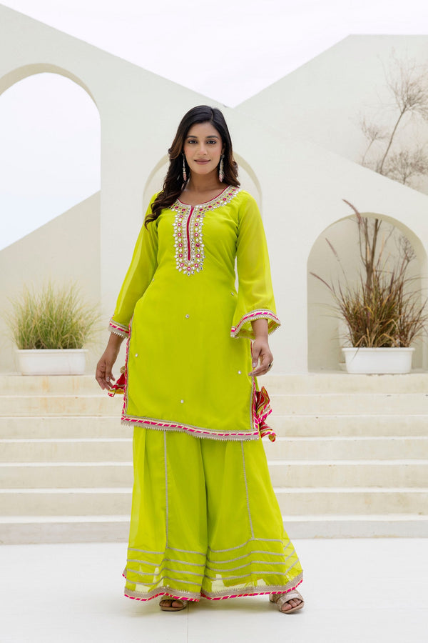 Parrot Green Elegant Organza 3-Piece Suit Set with Foil Embroidery, Pearl & Sequins Lace Work – Fully Stitched Ready to Wear ClothsVilla