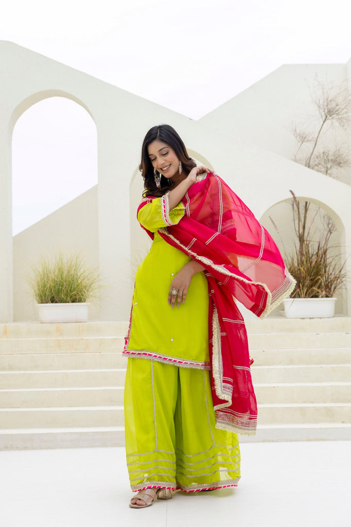 Parrot Green Elegant Organza 3-Piece Suit Set with Foil Embroidery, Pearl & Sequins Lace Work – Fully Stitched Ready to Wear ClothsVilla