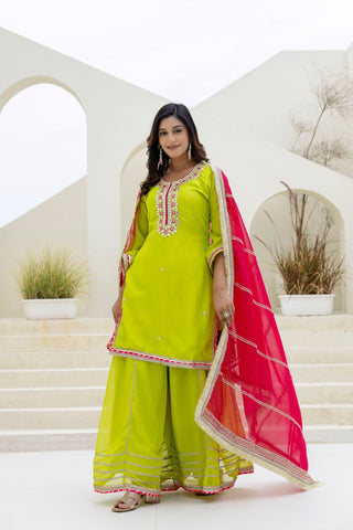 Parrot Green Elegant Organza 3-Piece Suit Set with Foil Embroidery, Pearl & Sequins Lace Work – Fully Stitched Ready to Wear ClothsVilla