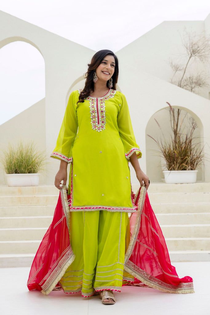 Parrot Green Elegant Organza 3-Piece Suit Set with Foil Embroidery, Pearl & Sequins Lace Work – Fully Stitched Ready to Wear ClothsVilla