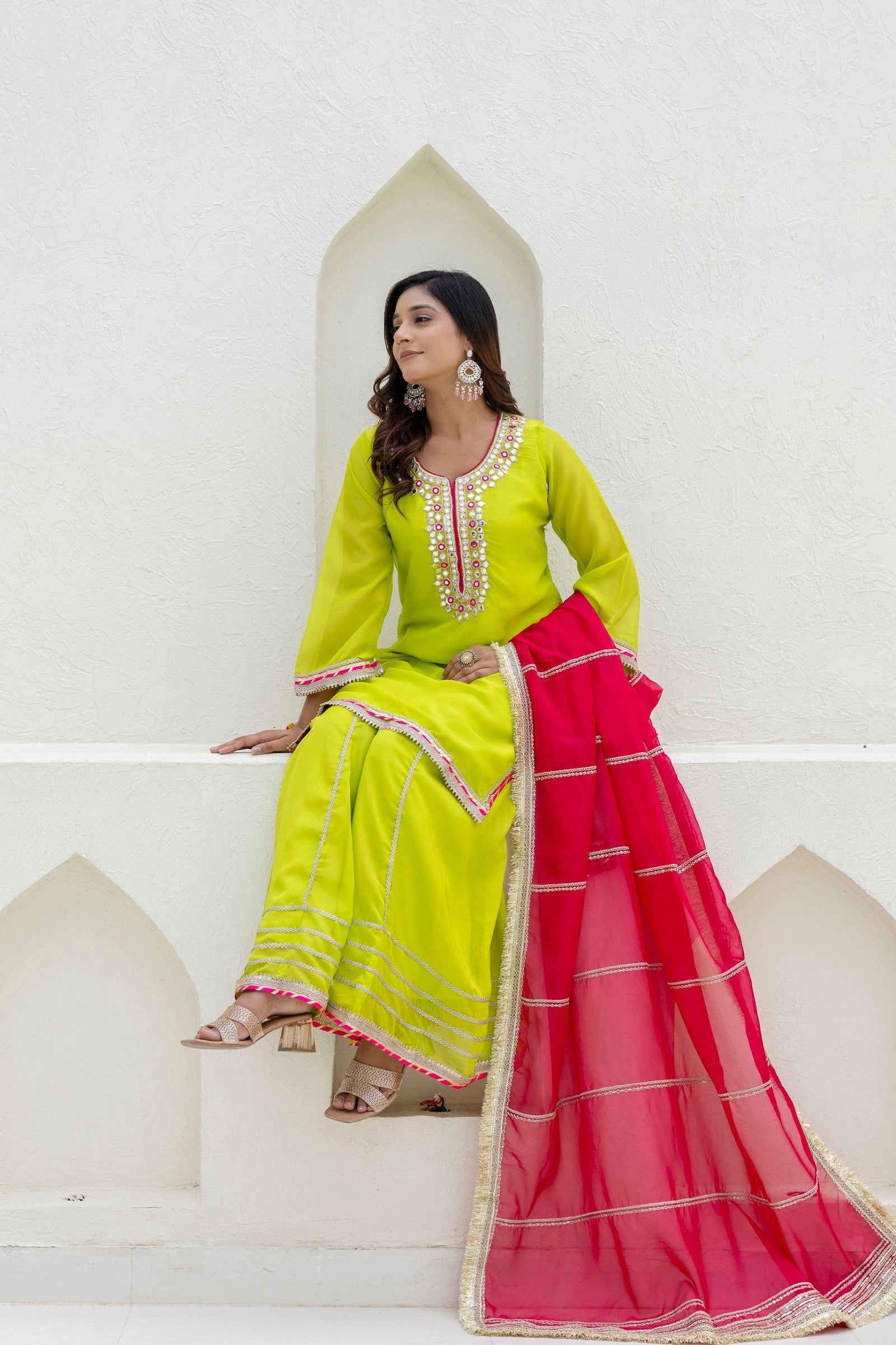 Parrot Green Elegant Organza 3-Piece Suit Set with Foil Embroidery, Pearl & Sequins Lace Work – Fully Stitched Ready to Wear ClothsVilla