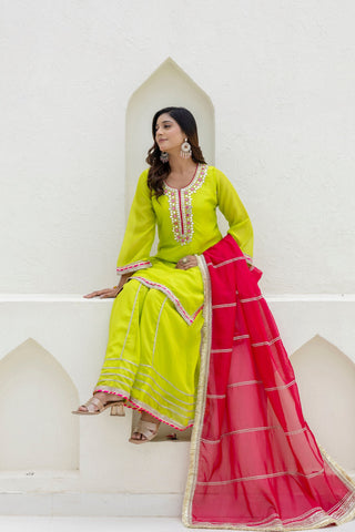 Parrot Green Elegant Organza 3-Piece Suit Set with Foil Embroidery, Pearl & Sequins Lace Work – Fully Stitched Ready to Wear ClothsVilla
