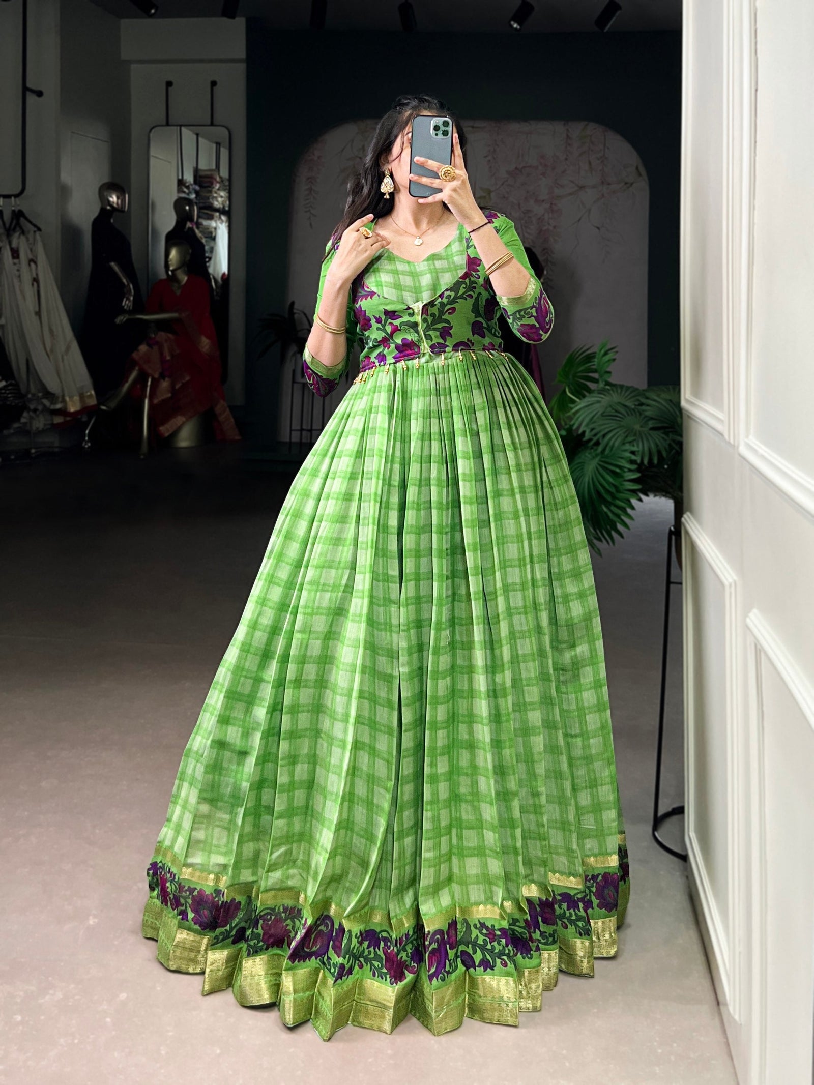 Parrot Green Elegant Printed Polyester Viscose Chanderi Gown with Zari Weaving and Lace-Touched Koti – Stitched Set ClothsVilla