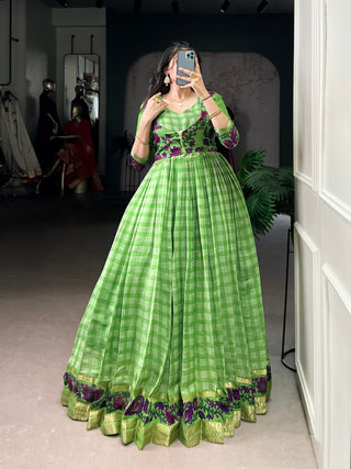 Parrot Green Elegant Printed Polyester Viscose Chanderi Gown with Zari Weaving and Lace-Touched Koti – Stitched Set ClothsVilla