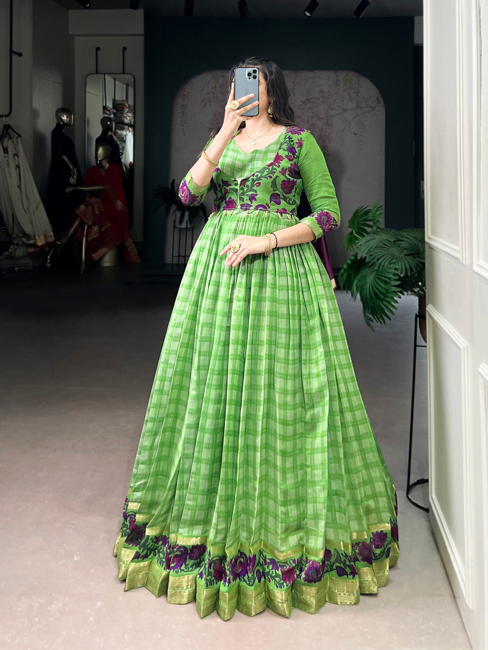 Parrot Green Elegant Printed Polyester Viscose Chanderi Gown with Zari Weaving and Lace-Touched Koti – Stitched Set ClothsVilla