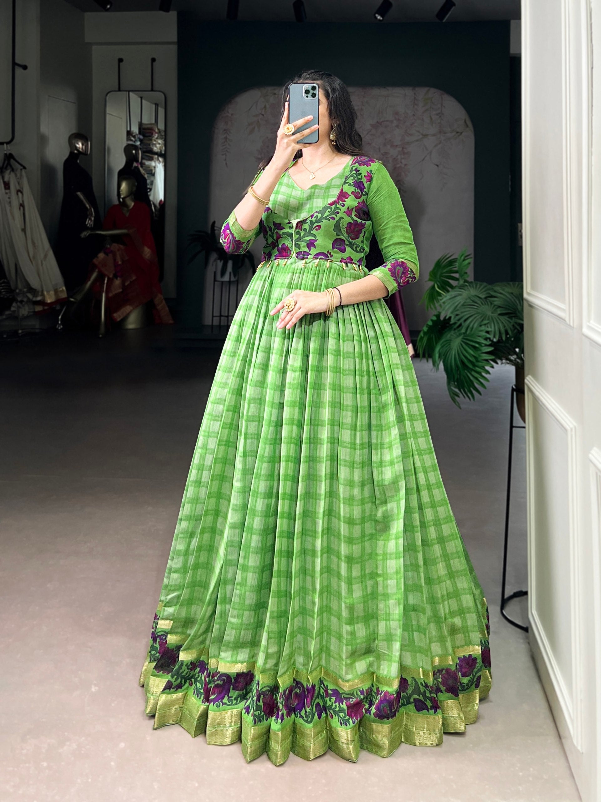 Parrot Green Elegant Printed Polyester Viscose Chanderi Gown with Zari Weaving and Lace-Touched Koti – Stitched Set ClothsVilla