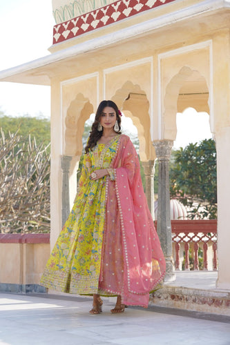 Luxe Elegance Parrot Green Embroidered Digital Print Gown & Dupatta Set ClothsVilla
