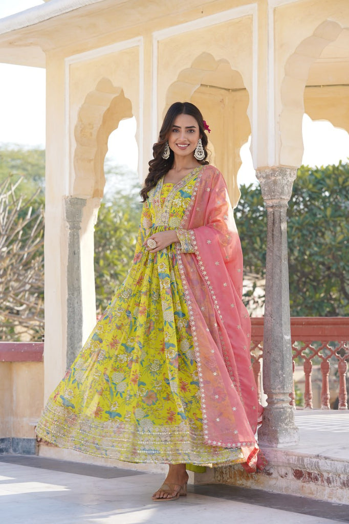 Luxe Elegance Parrot Green Embroidered Digital Print Gown & Dupatta Set ClothsVilla