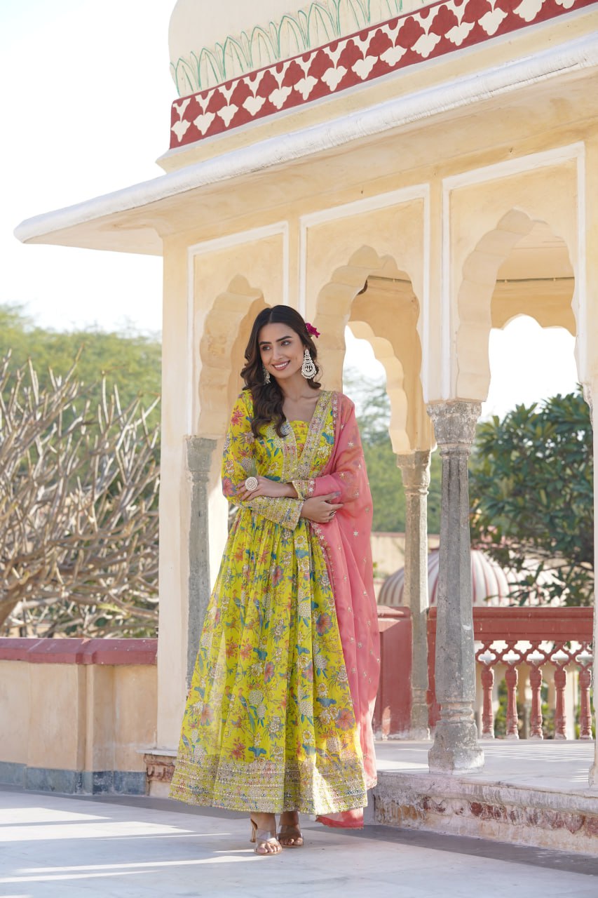 Luxe Elegance Parrot Green Embroidered Digital Print Gown & Dupatta Set ClothsVilla